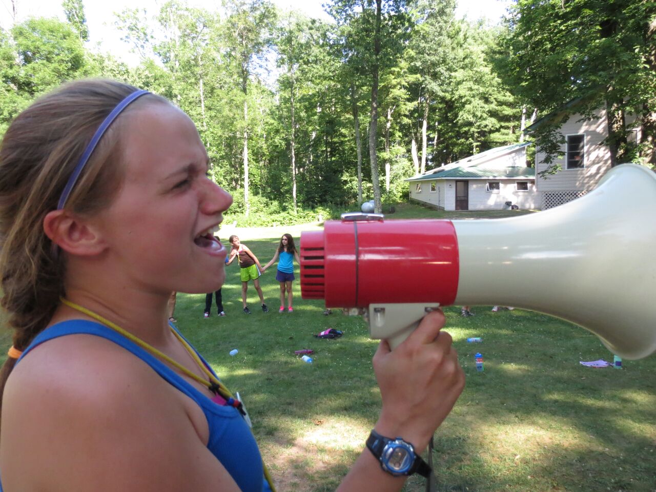 camper on megaphone