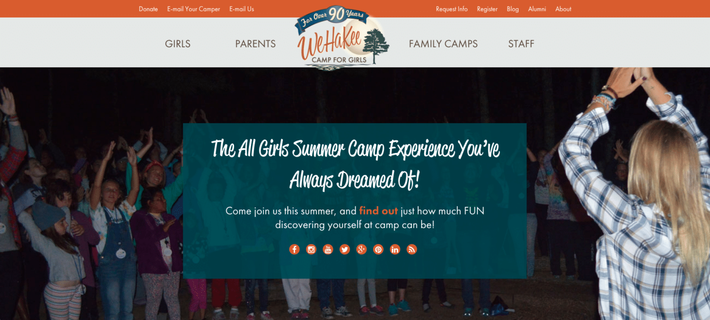 WeHaKee Camp for Girls Website front page.