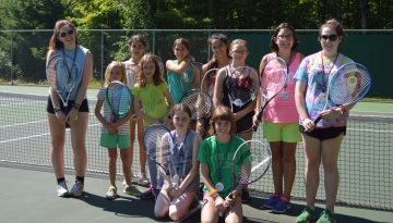 Camper tennis players at WeHaKee Camp for Girls.
