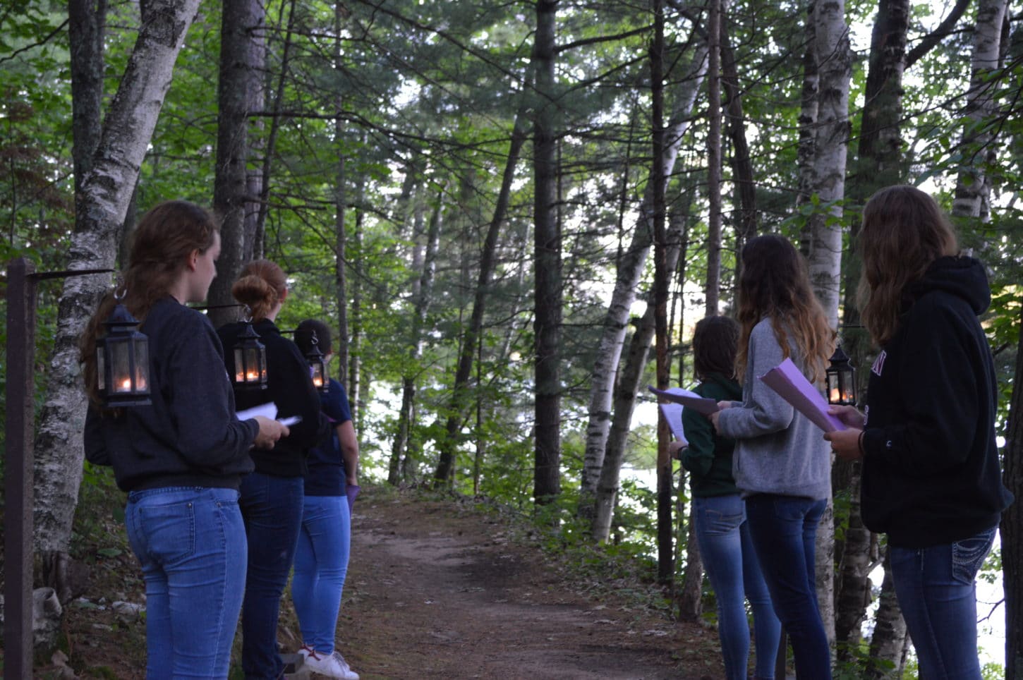 Campers waiting on a trail at WeHaKee Camp for Girls.