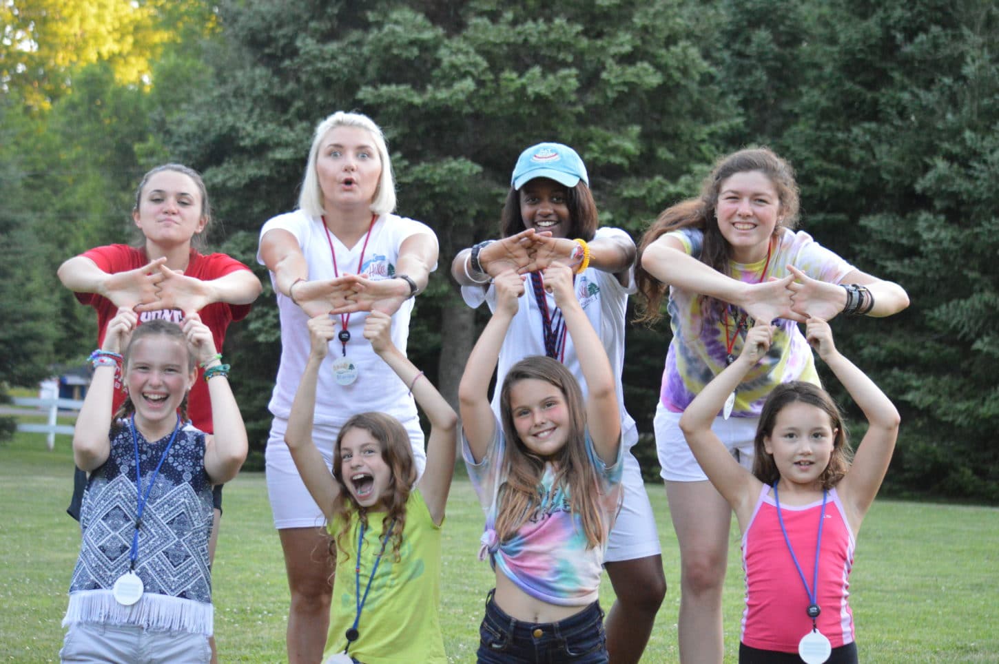 Staff and campers being silly at WeHaKee Camp for Girls.
